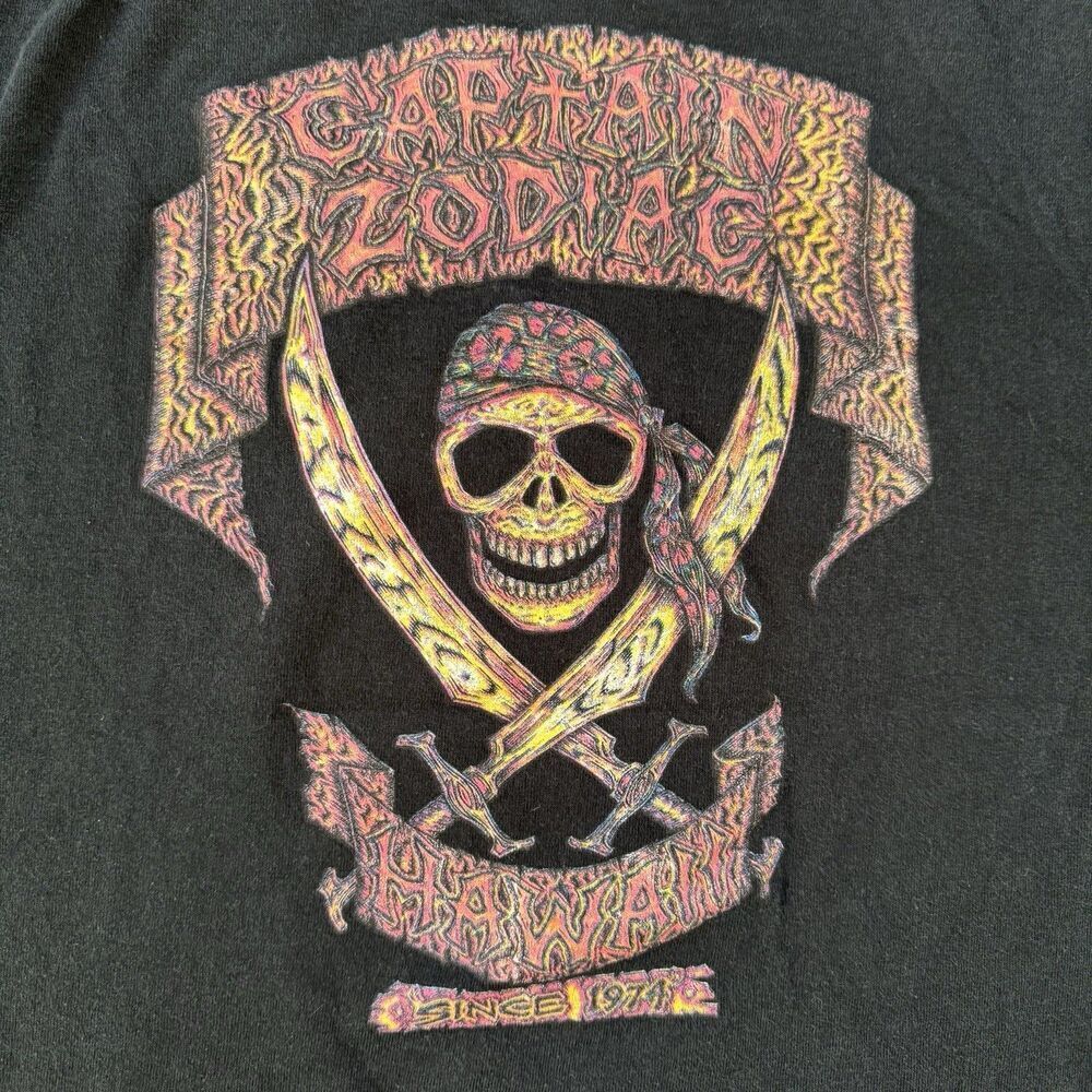 Vintage Captain Zodiac Hawaii Tee Black Skull Mens Medium Fruit Of The Loom - Picture 5 of 6
